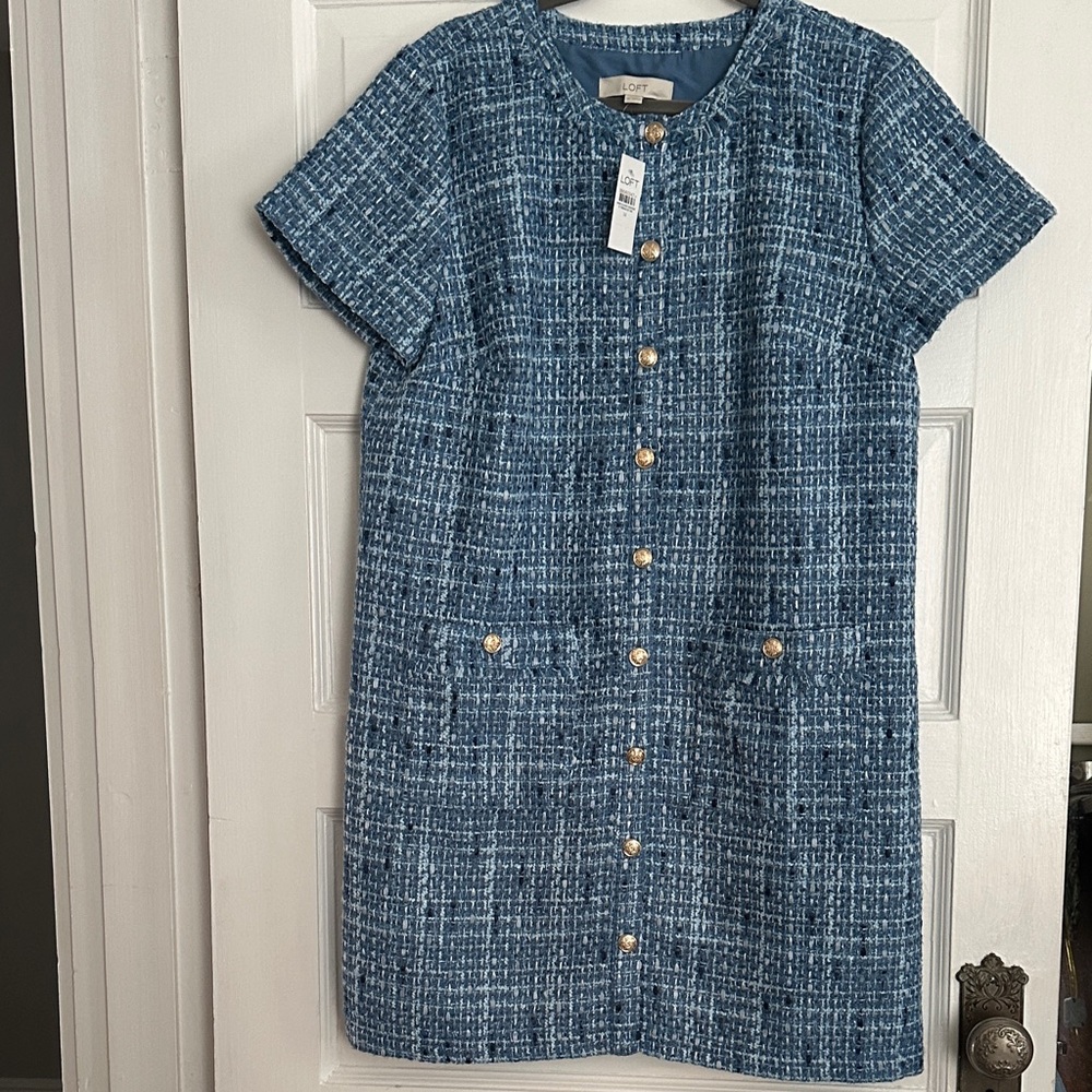 LOFT Blue Tweed Button-Front Shift Dress with Gold Buttons